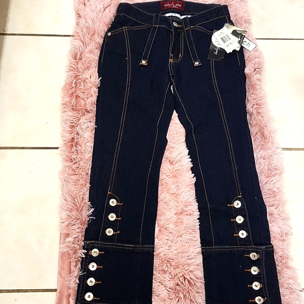 VINTAGE Y2K BABY PHAT "VARSITY GIRLS" CAPRI DARK DENIM JEANS-0